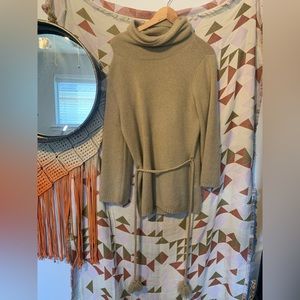 Vintage Talbots Cashmere Sweater Size Medium Tan Tunic Mock Neck Belted Flawed